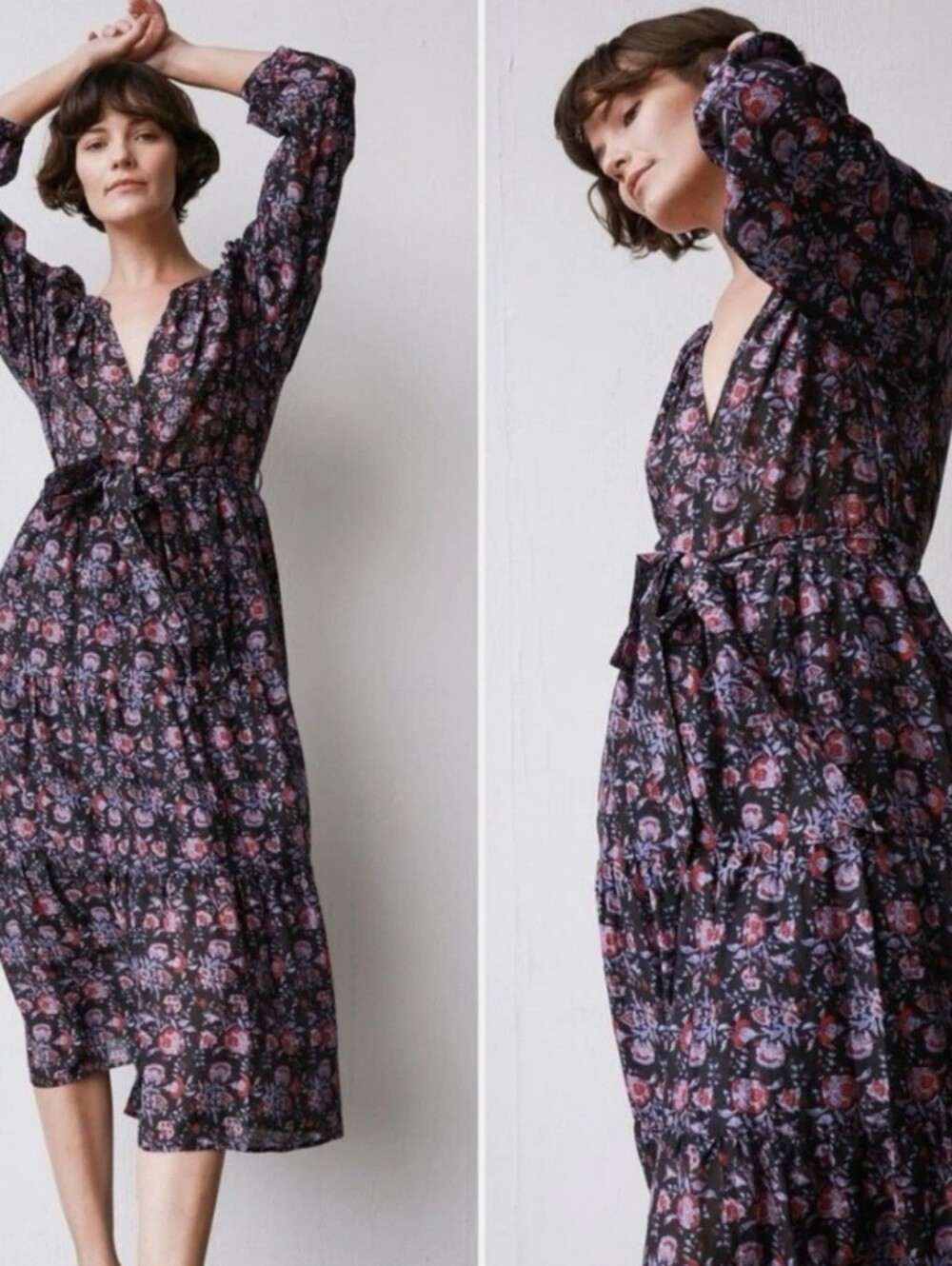 XiRENA tiered blockprint lightweight cotton and silk blend midi dress